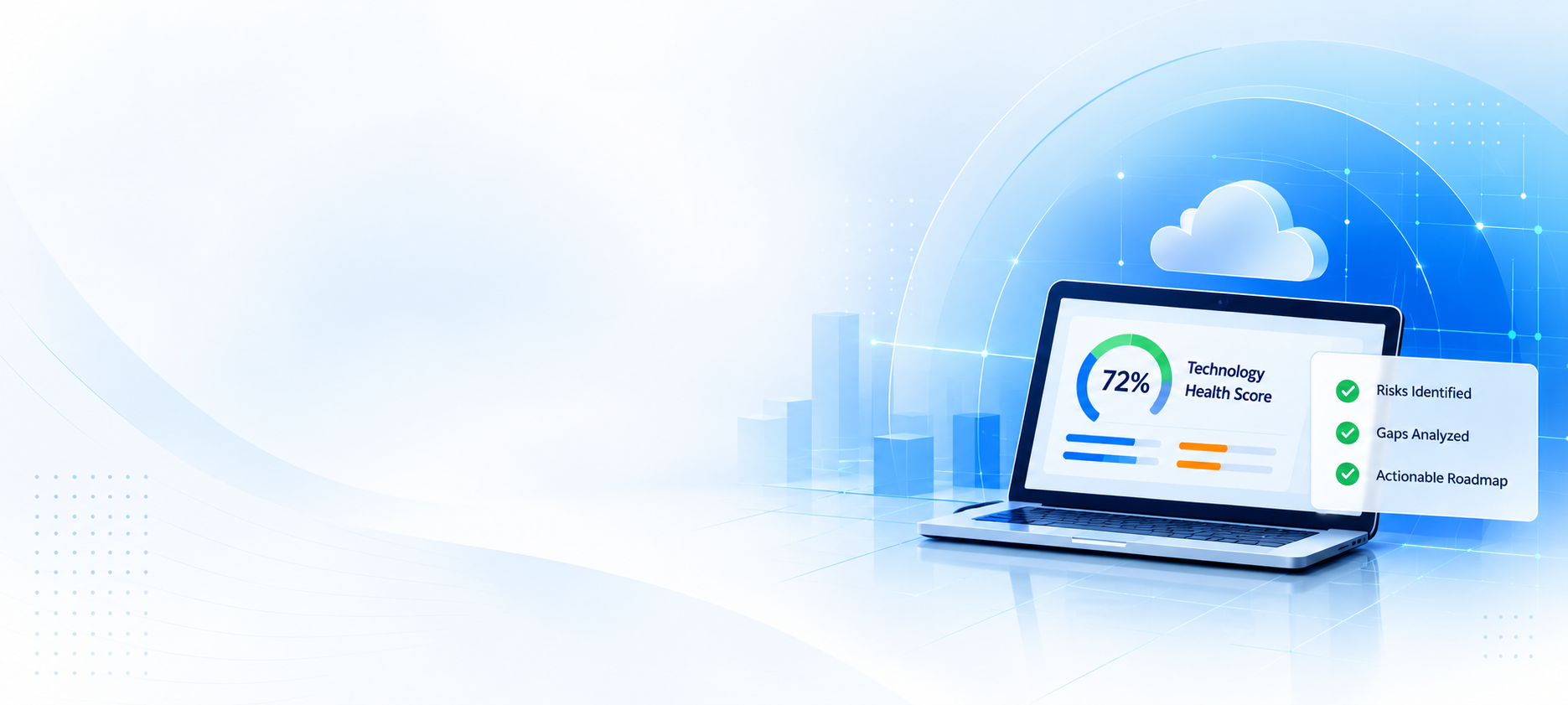 Laptop displaying a technology health score, identified risks, analyzed gaps, and an actionable roadmap